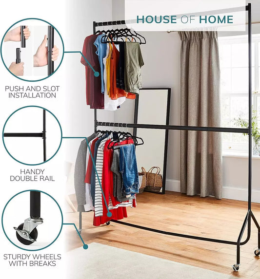 4ft long x 7ft Two Tier Heavy Duty Clothes Rail Garment Hanging Rack In Black
