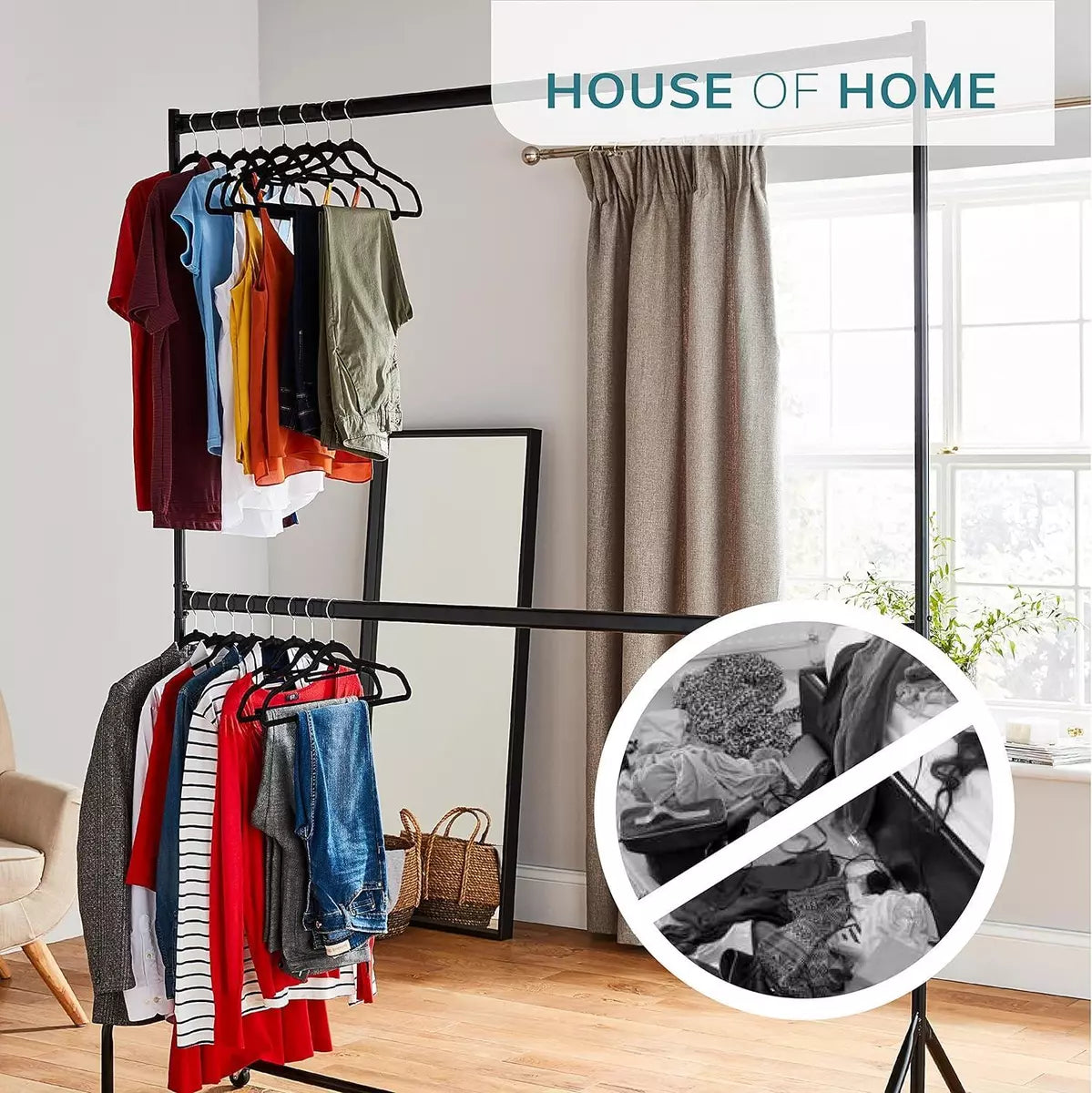 5ft long x 7ft Two Tier Heavy Duty Clothes Rail Garment Hanging Rack In Black
