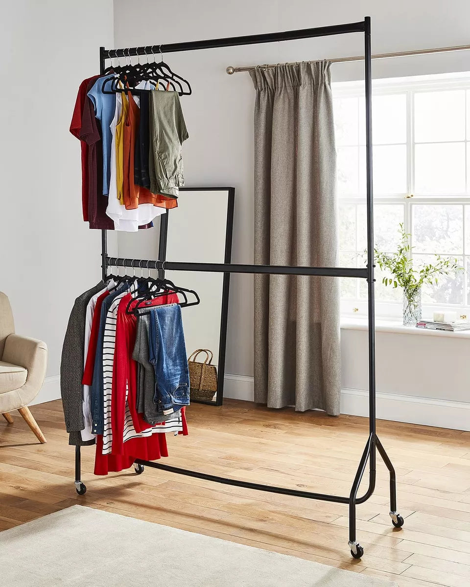 4ft long x 7ft Two Tier Heavy Duty Clothes Rail Garment Hanging Rack In Black