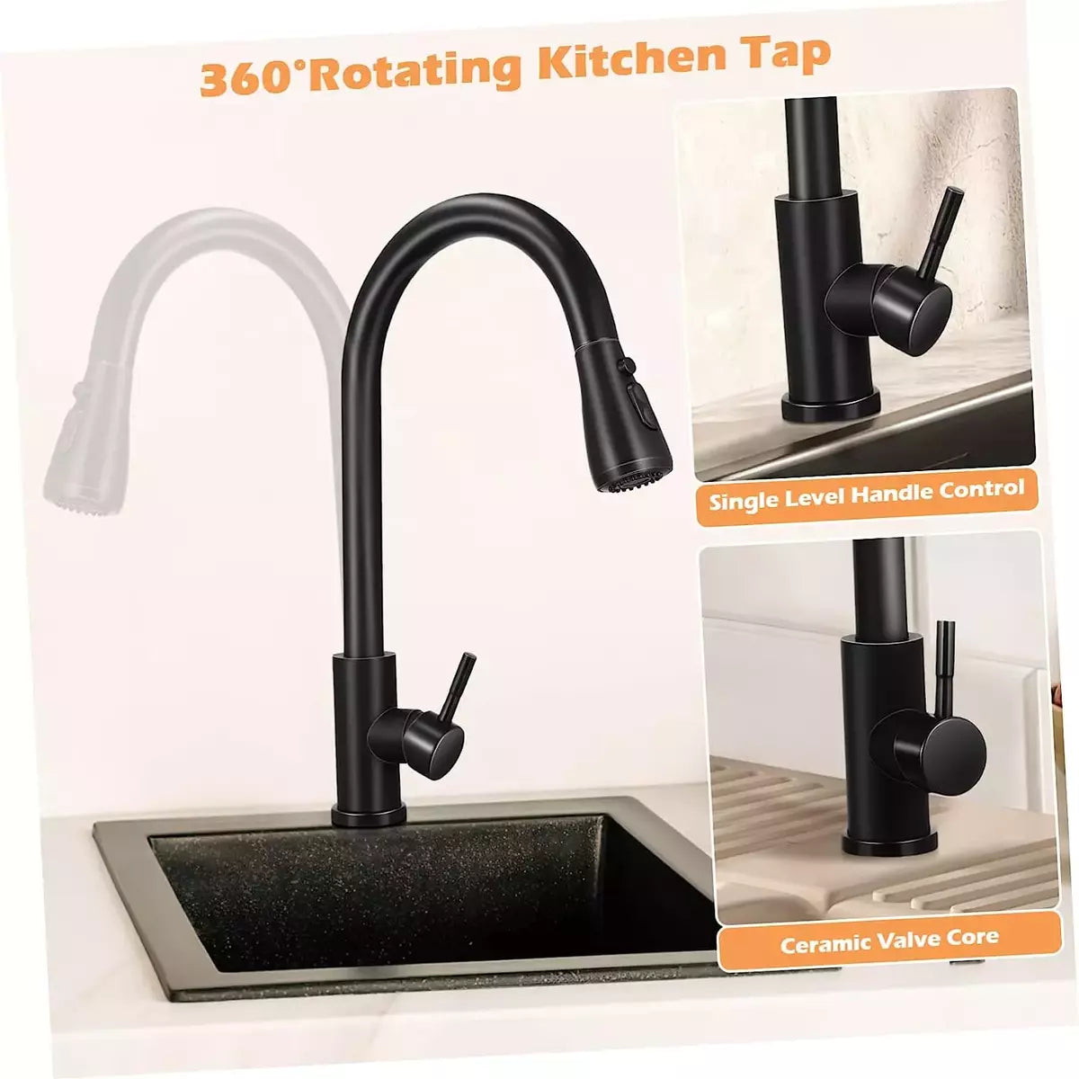 360° Kitchen Sink Mixer Taps Pull Out Spout Mono Spray Head Single Lever Modern