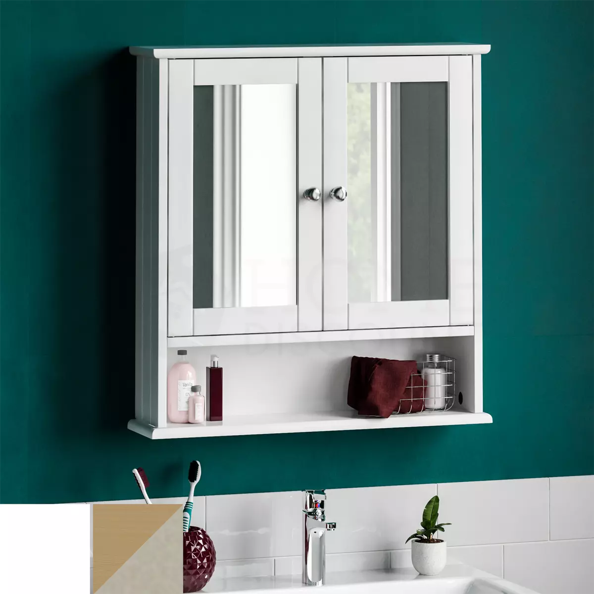 Bathroom Wall Cabinet Storage 2 Door Mirrored Cupboard MDF Shelves Vanity Unit