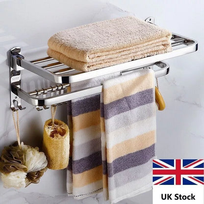 Large Double Tier Towel Rail Holder Wall Mounted Bathroom Rack Shelf With Hook Folding