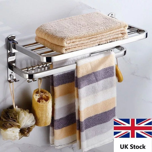 Large Double Tier Towel Rail Holder Wall Mounted Bathroom Rack Shelf With Hook Folding