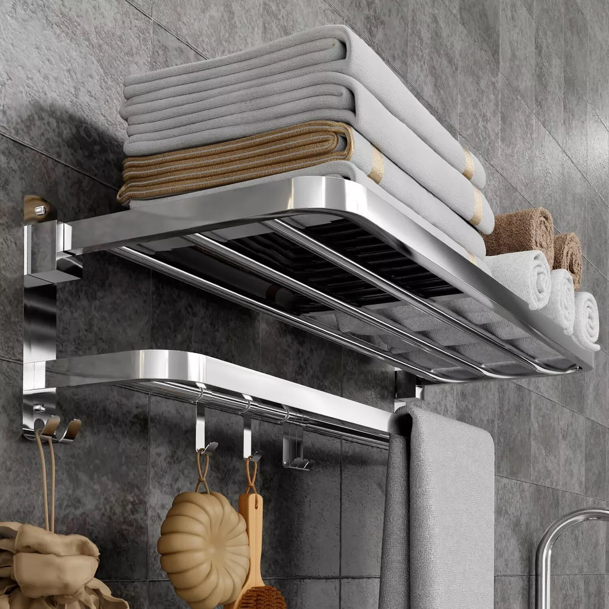 Large Double Tier Towel Rail Holder Wall Mounted Bathroom Rack Shelf With Hook Folding
