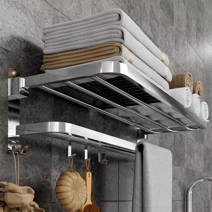 Large Double Tier Towel Rail Holder Wall Mounted Bathroom Rack Shelf With Hook Folding
