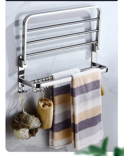 Large Double Tier Towel Rail Holder Wall Mounted Bathroom Rack Shelf With Hook Folding