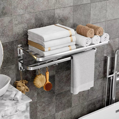 Large Double Tier Towel Rail Holder Wall Mounted Bathroom Rack Shelf With Hook Folding