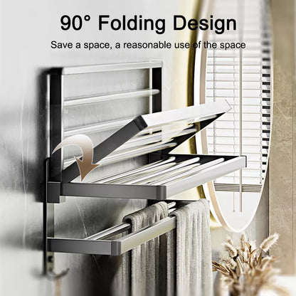 Large Double Tier Towel Rail Holder Wall Mounted Bathroom Rack Shelf With Hook Folding