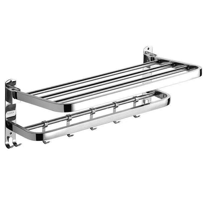 Large Double Tier Towel Rail Holder Wall Mounted Bathroom Rack Shelf With Hook Folding