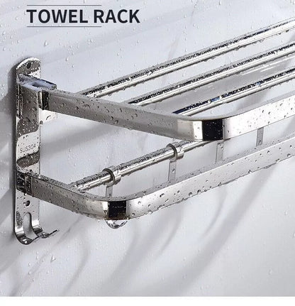 Large Double Tier Towel Rail Holder Wall Mounted Bathroom Rack Shelf With Hook Folding
