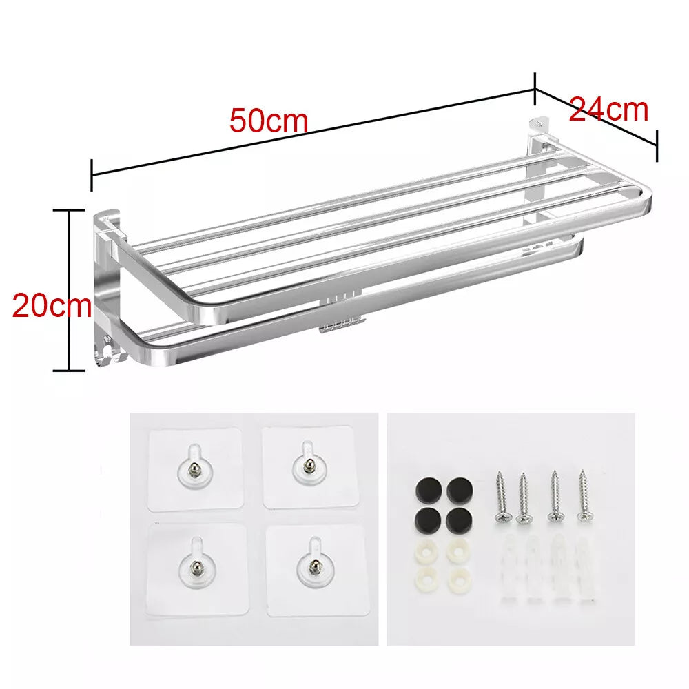 Large Double Tier Towel Rail Holder Wall Mounted Bathroom Rack Shelf With Hook Folding