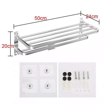 Large Double Tier Towel Rail Holder Wall Mounted Bathroom Rack Shelf With Hook Folding
