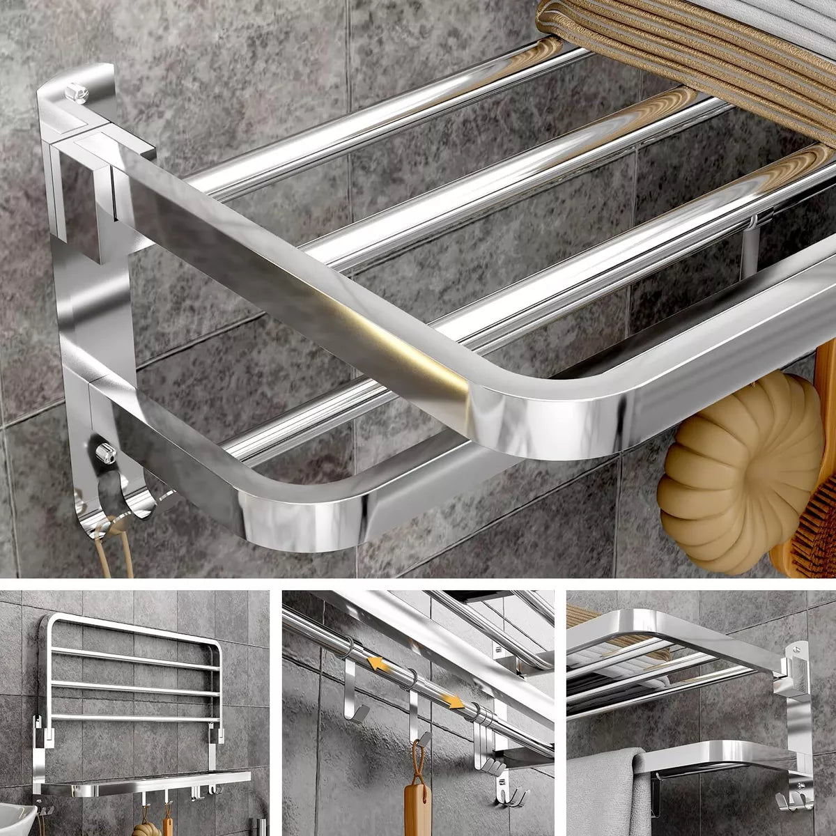 Large Double Tier Towel Rail Holder Wall Mounted Bathroom Rack Shelf With Hook Folding