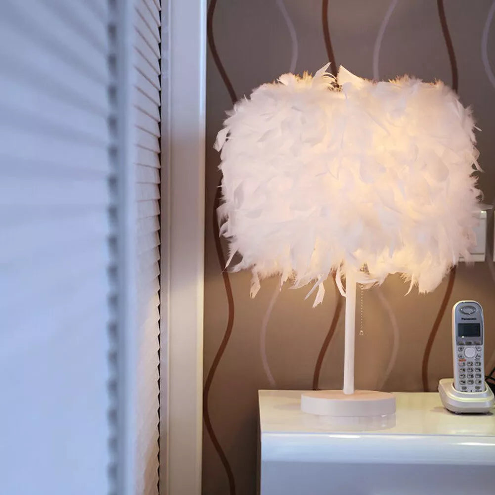 Elegant Fluffy Feather Table Lamp Bedside Bed Corded Led Light Night Light White