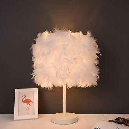 Elegant Fluffy Feather Table Lamp Bedside Bed Corded Led Light Night Light White