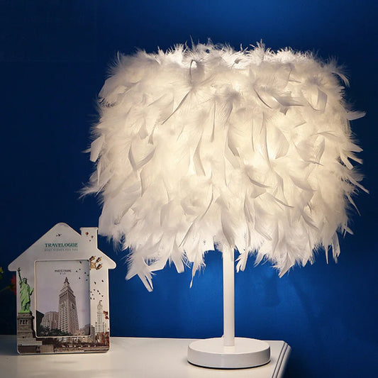 Elegant Fluffy Feather Table Lamp Bedside Bed Corded Led Light Night Light White