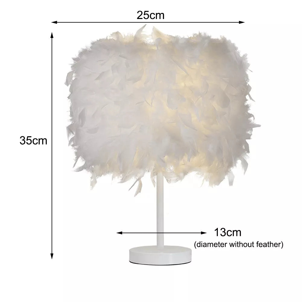 Elegant Fluffy Feather Table Lamp Bedside Bed Corded Led Light Night Light White