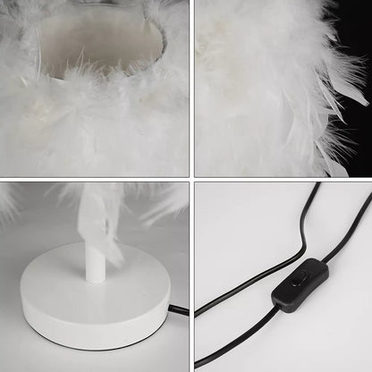 Elegant Fluffy Feather Table Lamp Bedside Bed Corded Led Light Night Light White
