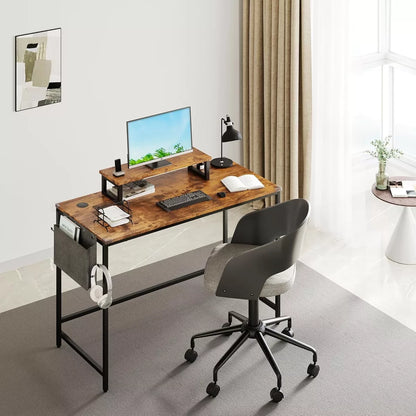 Study Office Computer Desk With Top Table Storage Bag And Hook Rustic Brown