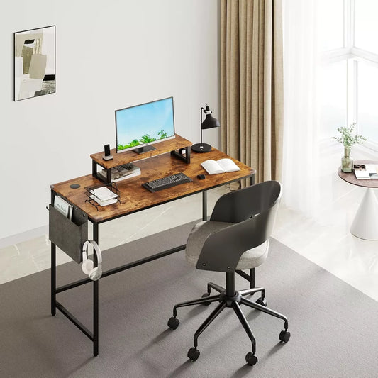 Study Office Computer Desk With Top Table Storage Bag And Hook Rustic Brown