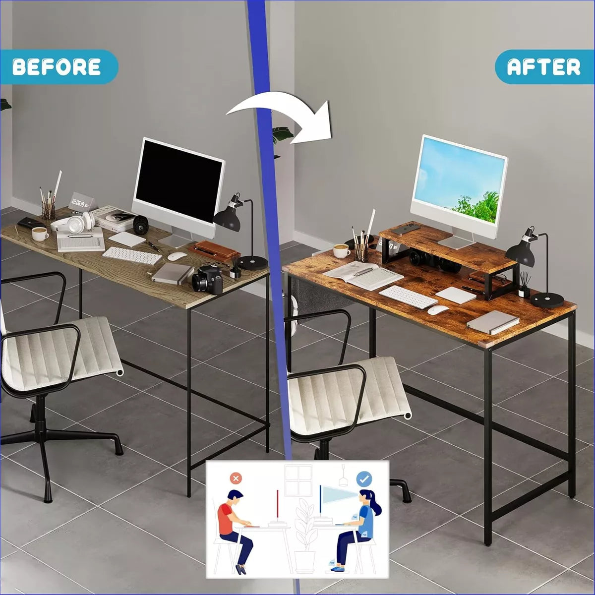 Study Office Computer Desk With Top Table Storage Bag And Hook Rustic Brown