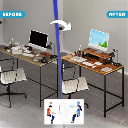 Study Office Computer Desk With Top Table Storage Bag And Hook Rustic Brown