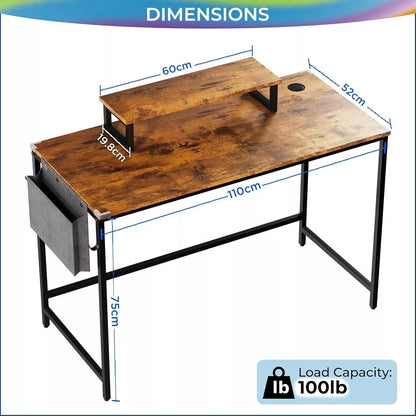 Study Office Computer Desk With Top Table Storage Bag And Hook Rustic Brown