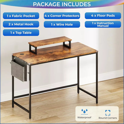 Study Office Computer Desk With Top Table Storage Bag And Hook Rustic Brown