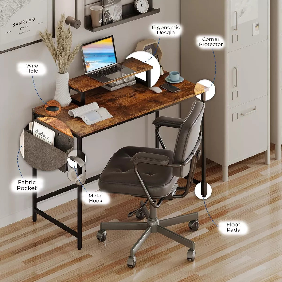 Study Office Computer Desk With Top Table Storage Bag And Hook Rustic Brown
