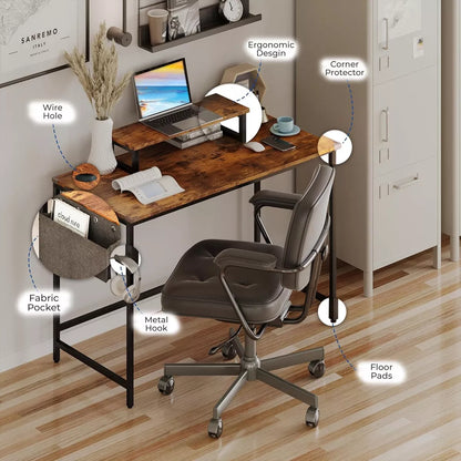 Study Office Computer Desk With Top Table Storage Bag And Hook Rustic Brown
