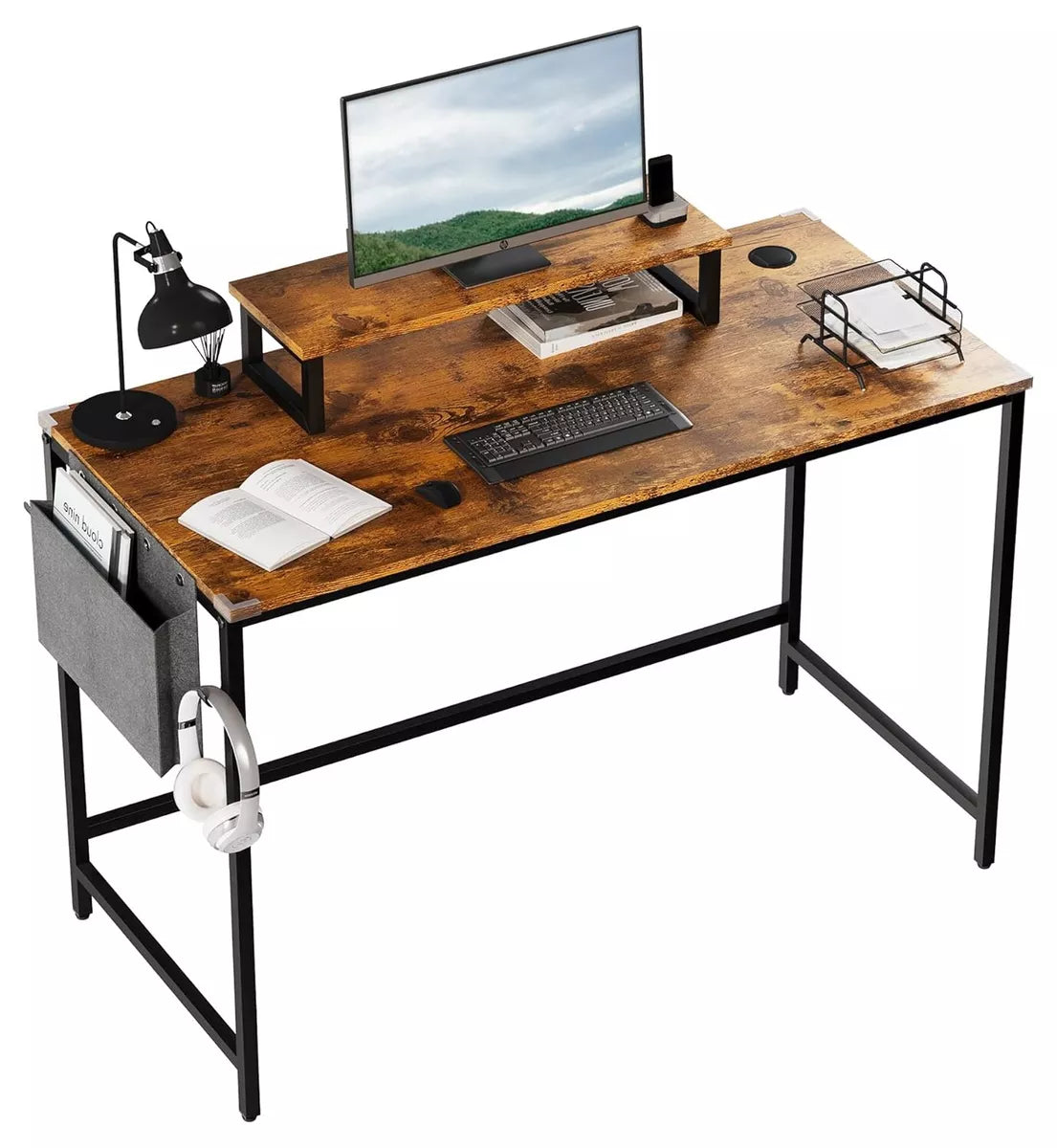 Study Office Computer Desk With Top Table Storage Bag And Hook Rustic Brown