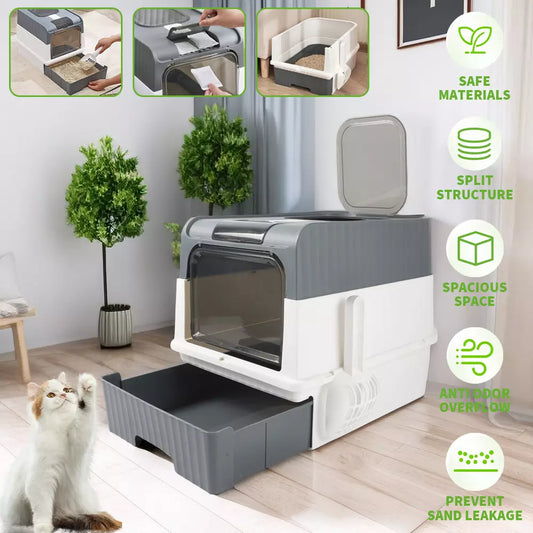 Large Cat Litter Box Self Cleaning Pan Drawer Anti-Splashing Cat Potty Tray