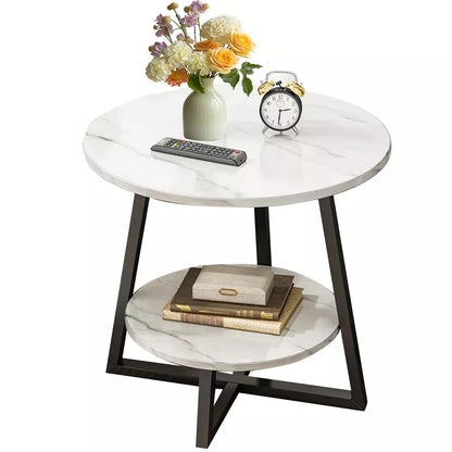 Round 2 Tier Coffee Table Side Table White Marble Effect End Table Living Room