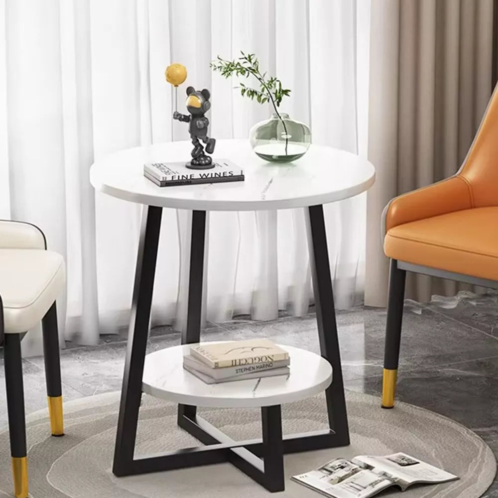 Round 2 Tier Coffee Table Side Table White Marble Effect End Table Living Room