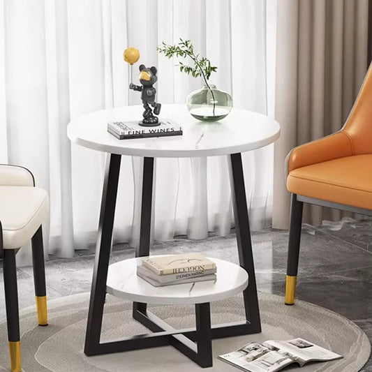 Round 2 Tier Coffee Table Side Table White Marble Effect End Table Living Room