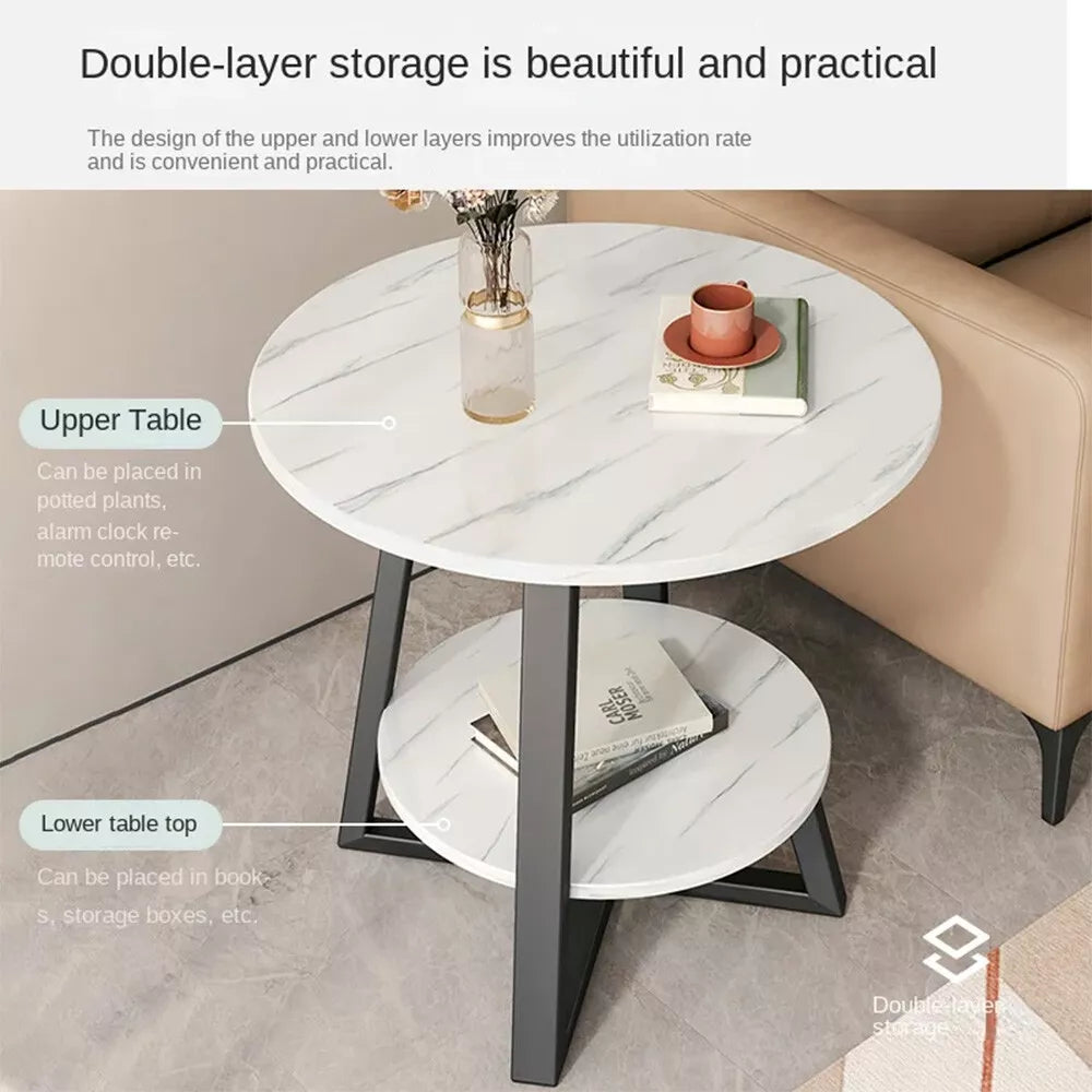 Round 2 Tier Coffee Table Side Table White Marble Effect End Table Living Room