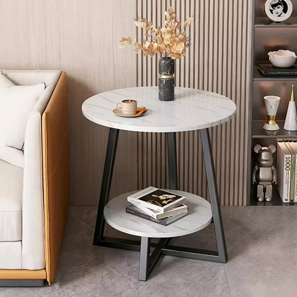 Round 2 Tier Coffee Table Side Table White Marble Effect End Table Living Room