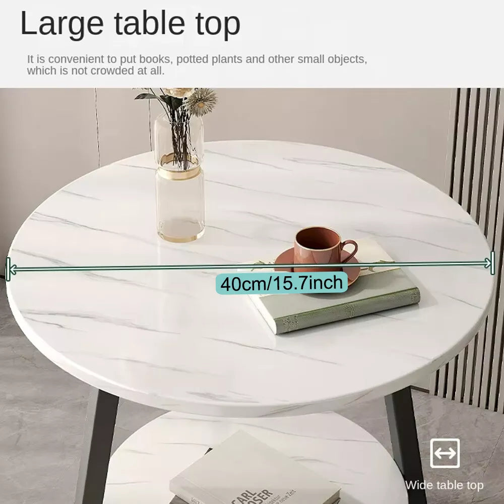 Round 2 Tier Coffee Table Side Table White Marble Effect End Table Living Room