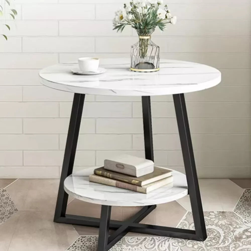 Round 2 Tier Coffee Table Side Table White Marble Effect End Table Living Room