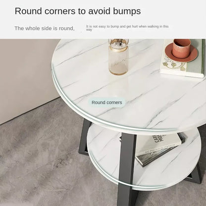 Round 2 Tier Coffee Table Side Table White Marble Effect End Table Living Room