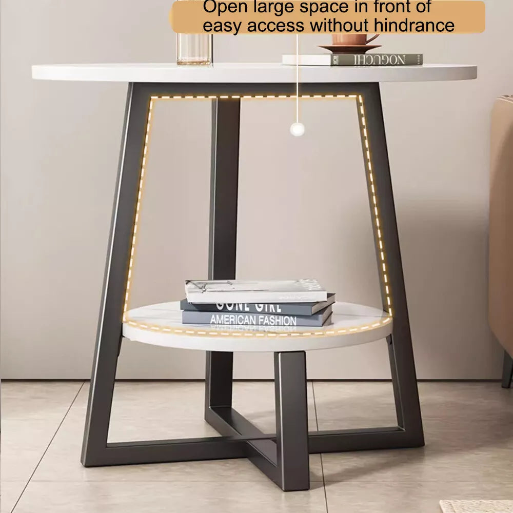 Round 2 Tier Coffee Table Side Table White Marble Effect End Table Living Room