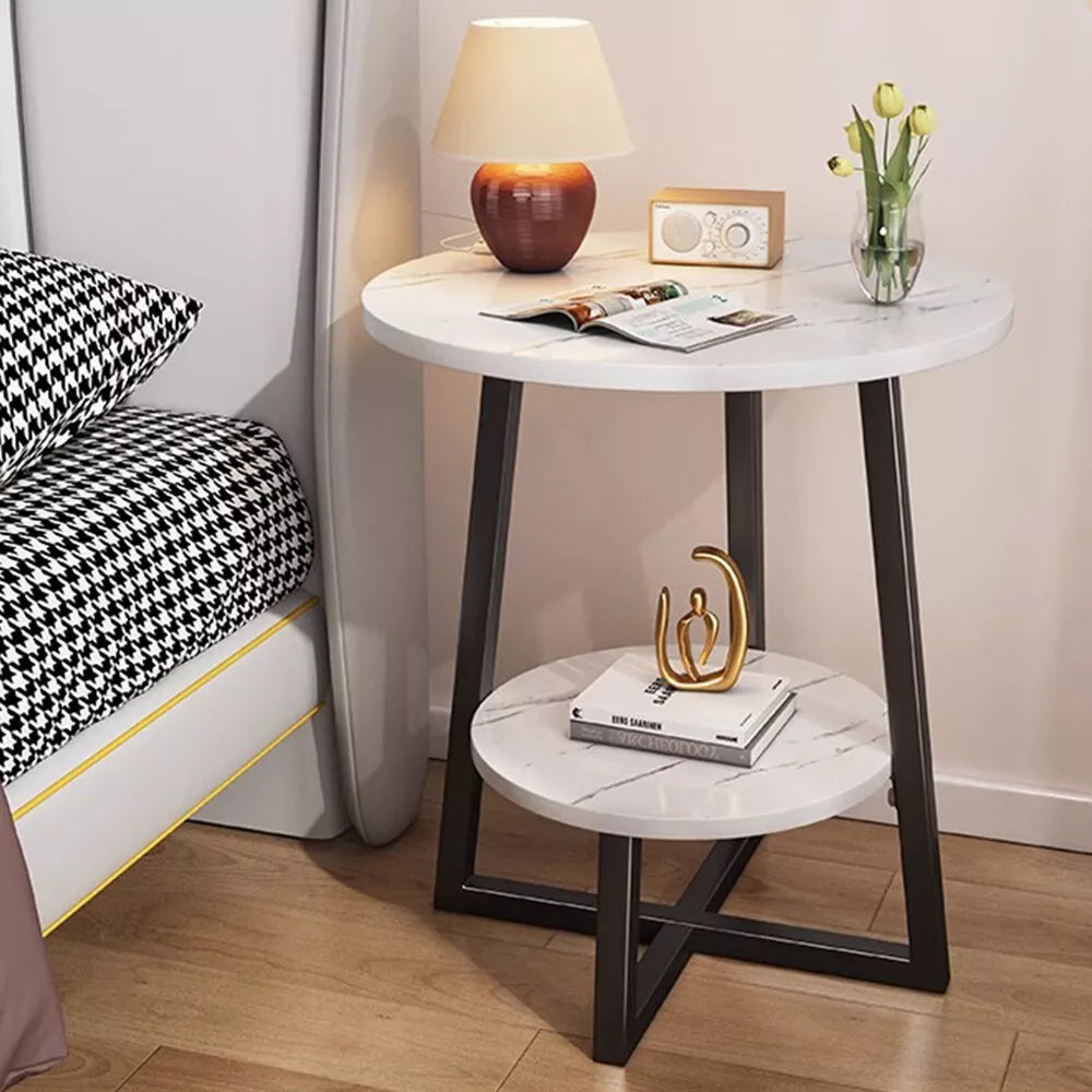 Round 2 Tier Coffee Table Side Table White Marble Effect End Table Living Room