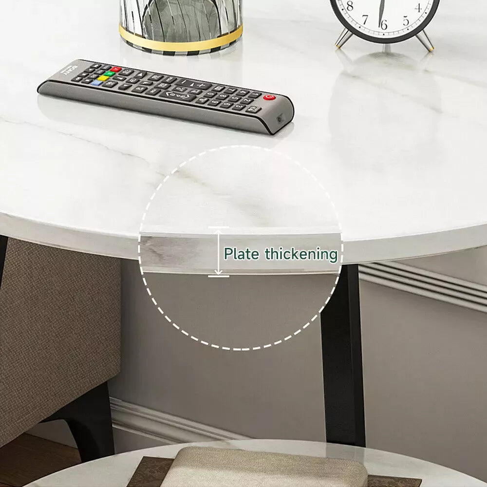 Round 2 Tier Coffee Table Side Table White Marble Effect End Table Living Room
