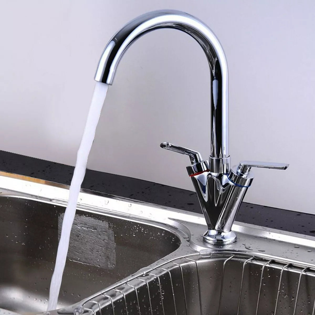 Modern Kitchen Mixer Tap Dual Lever Swivel Spout Mono Chrome Sink Taps Faucet