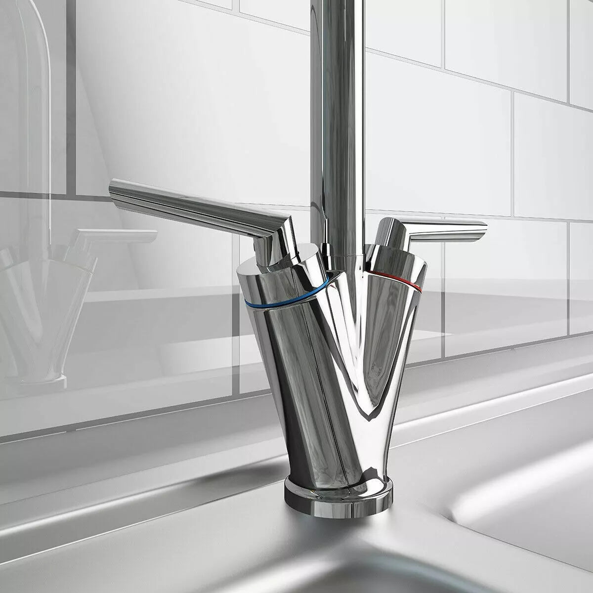 Modern Kitchen Mixer Tap Dual Lever Swivel Spout Mono Chrome Sink Taps Faucet