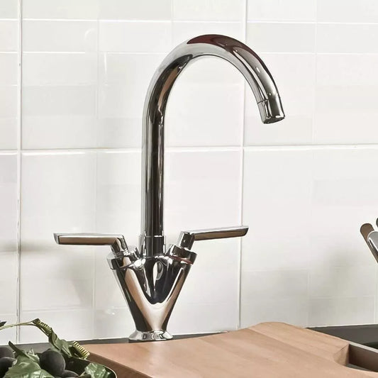 Modern Kitchen Mixer Tap Dual Lever Swivel Spout Mono Chrome Sink Taps Faucet