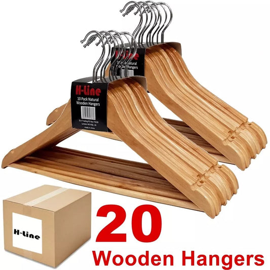 20 X WOODEN COAT HANGERS SUIT GARMENTS CLOTHES WOOD HANGER TROUSER BAR SET
