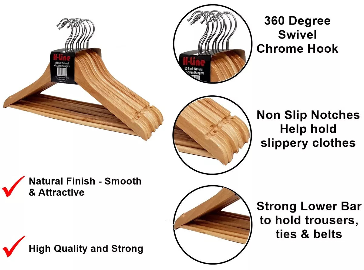 20 X WOODEN COAT HANGERS SUIT GARMENTS CLOTHES WOOD HANGER TROUSER BAR SET
