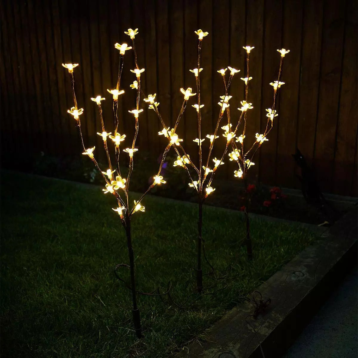 3pc Warm White LED Blossom Branch Tree Solar Lights Garden Pathways Border