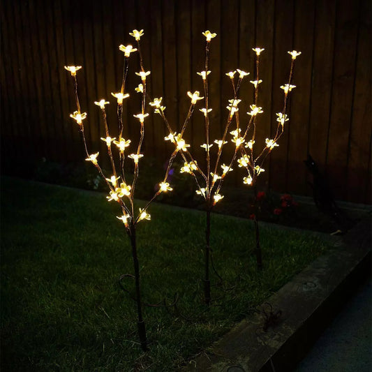 3pc Warm White LED Blossom Branch Tree Solar Lights Garden Pathways Border